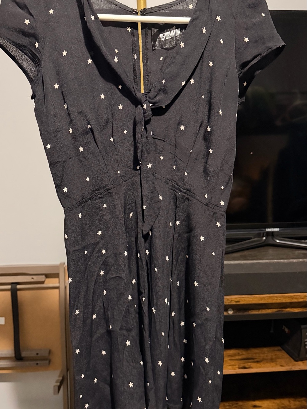 Reformation Black Star-Print Tie-Front Midi Dress